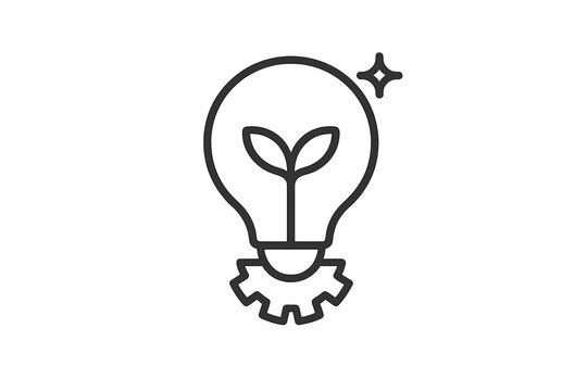 Bulb Sprout Mechanism. Line style vector icons of bulb sprout mechanism: bright bulb outline, soft filament arc, tiny plant bud,