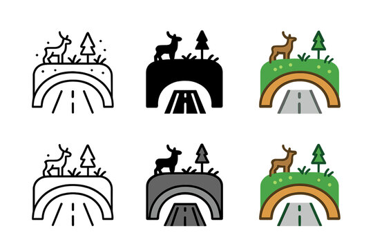 Wildlife Bridge Icon Variations. Bridge with integrated green habitat for wildlife crossing city streets, clean geometric minimal