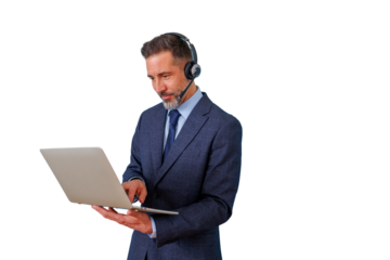 Mature businessman working with laptop and headset, providing customer support services on transparent background