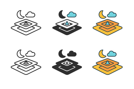 Recursive Floating Dreamscape. Nested floating platforms and surreal objects forming recursive dreamscape, clean minimal vector