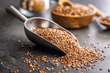 Linseed or flaxseed. Healthy flax seed in scoop on black table.