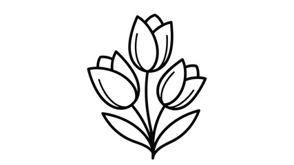 A simple black and white line drawing depicts a cluster of three tulips with leaves