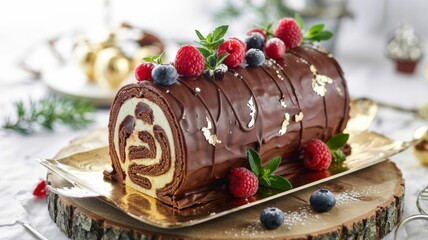 Bouche de Noël (French: BûChe de Noël, which translates as "Christmas log") is a traditional French dessert that is a symbol of Christmas. It is decorated with powdered sugar and edible gold leaf.