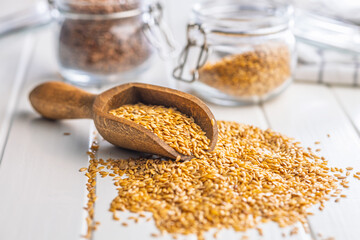 Golden linseed or flaxseed. Healthy flax seed in scoop on white table.