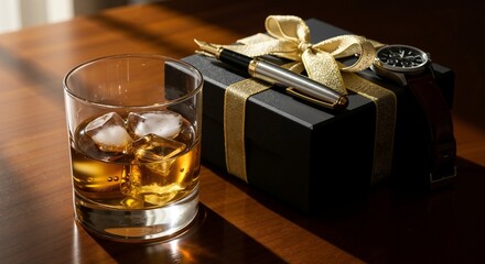 Whiskey glass with ice next to a wrapped gift and pen  
