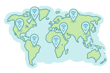 Playful Wi-Fi World. A cheerful world map with happy Wi-Fi pins, soft rounded doodle forms, pastel blue and green palette, No text