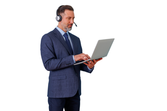 Man in headset using laptop, providing customer support, virtual assistance, or online consultation, transparent background - Powered by Adobe
