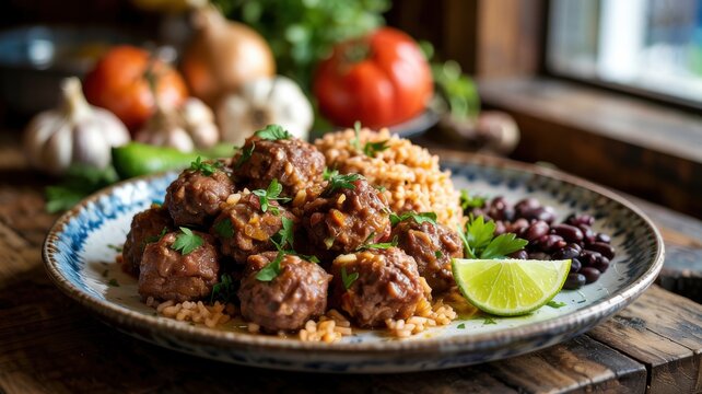 Mexican cuisine. Carne picada minced meat meatballs (albondigas). Meatballs are served with a side dish of rice and black beans. Garnish with a slice of lime and a sprig of parsley.