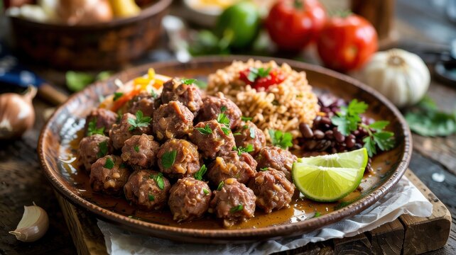 Mexican cuisine. Carne picada minced meat meatballs (albondigas). Meatballs are served with a side dish of rice and black beans. Garnish with a slice of lime and a sprig of parsley.