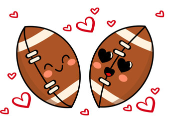 Cartoon American football characters with romantic and Christmas elements, cute and emotional sports illustrations for holidays and love themes.