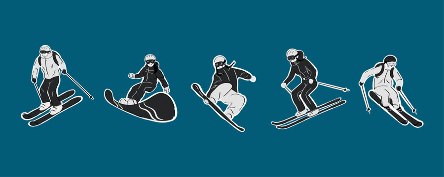 Winter sports sticker set with skiers and snowboarders for posters, branding and seasonal design