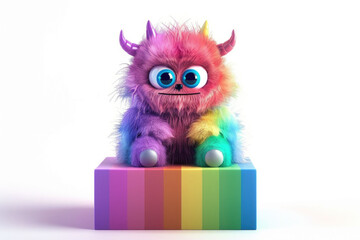 Fototapeta premium A pink and purple fluffy monster sitting on rainbow-colored blocks in a vibrant studio scene