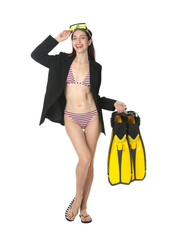Businesswoman with diving mask and flippers on white background © New Africa