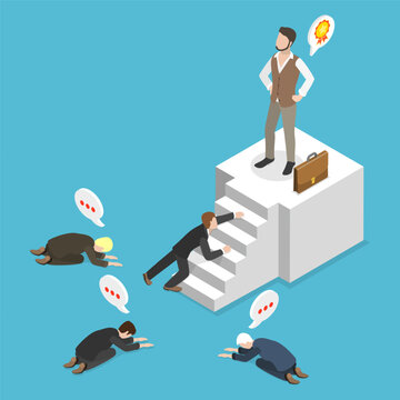 3D Isometric Flat Vector Illustration of Authoritarian Leader, Men Worshiping Charismatic Figure In Business Concept