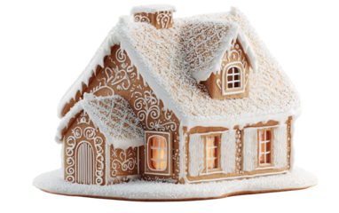 Elegant gingerbread house displayed with intricate icing photographed for seasonal, festive, and decorative visuals isolated on transparent background PNG