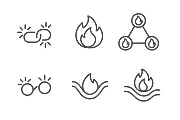 Ignition Bonds Icons. Line vector icons of moving ignition bonds: linked sparks, connected flames, bonded fire nodes, merging