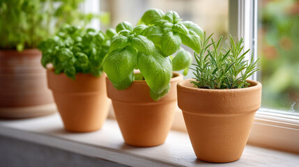 Fototapeta premium Fresh basil and rosemary plants for cooking and kitchen herb garden inspiration