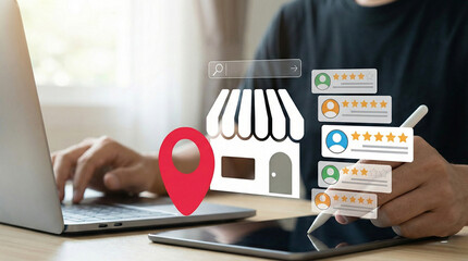 Local search marketing concept with customer review rating, store location icon, Digital marketer management on local SEO using laptop and tablet to boost small business