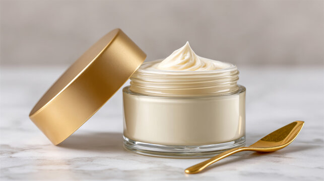 Luxury face cream jar with gold lid and spatula for skincare and moisturizing