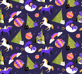 Funny cartoon pattern with cats, unicorns anf Christmas tree party celebration