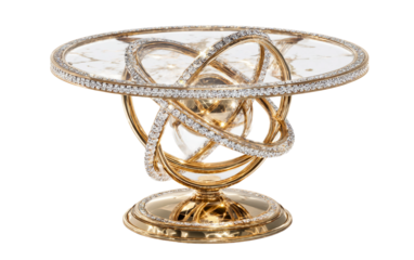 Luxury gold table centerpiece with elegant product lighting on rich purple background for premium decor presentation isolated on transparent background PNG