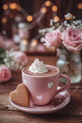 Fototapeta premium Pale pink mug of thick hot chocolate with whipped cream sits beside a heart cookie on a saucer. Dark pink bokeh and string lights create warm Valentine atmosphere.
