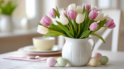 Obraz premium Elegant spring tulips arranged in white vase for easter celebration