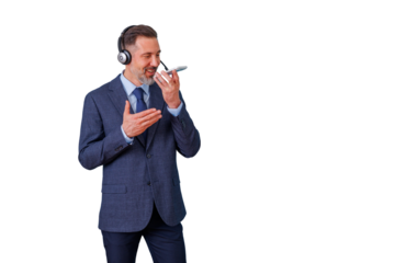Mature businessman with headphones speaking into smartphone, using voice assistant for communication on transparent background