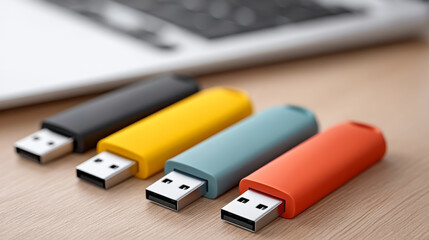 Colorful usb flash drives on wooden surface next to laptop for data storage and technology use