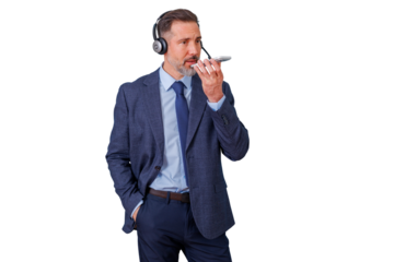 Mature man wearing a suit and headset, using a phone for communication, providing support or sales. Transparent background