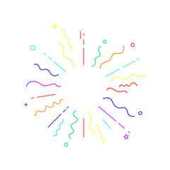 Colorful burst of lines and shapes surrounds a blank center, creating a festive atmosphere for celebrations and events. Rays radiate from the center in the form of lines and mathematical figures