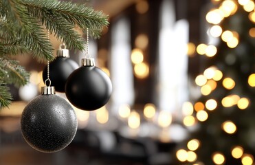 Black Christmas ornaments hanging on a pine tree branch with a blurred background of warm lights and festive decorations.