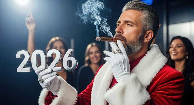 Happy New Year 2026 greeting invitation, festive celebration card, elegant man in Santa suit with cigar, joyful people, party atmosphere, December 31st event.