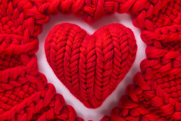 Knitted 3D shape bright red heart with a knitted texture stands against a white background.