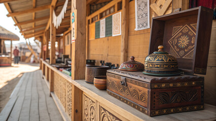 Wooden market stall displaying handcrafted pottery and artifacts  