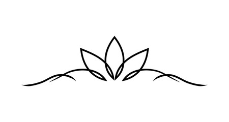 Elegant black lotus flower flourish with swirling vine accents on white background