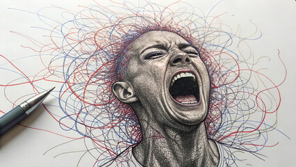 Portrait of a screaming man with colorful pencil lines on paper  