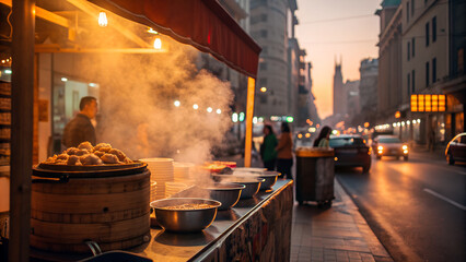 Street food vendor preparing steaming dumplings at dusk in city  