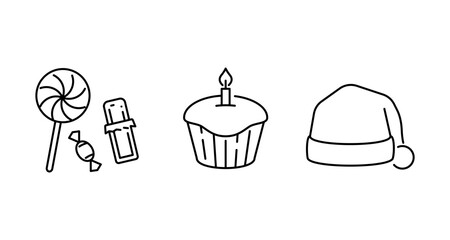 Simple line art icons of a lollipop, candy, cupcake with candle, and Santa hat