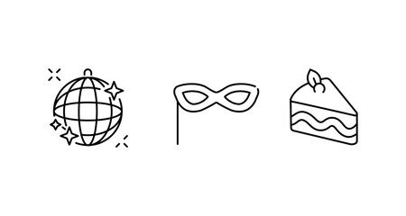 Set of icons representing celebration: disco ball, masquerade mask, and cake slice