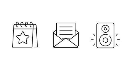 Calendar with star, open envelope with letter, and speaker icons on white background
