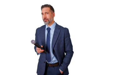 Professional male journalist holding microphone on talk show, discussing, interviewing, transparent background