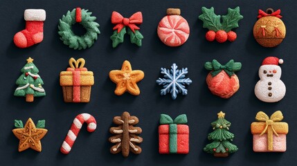 Assorted festive ornaments and symbols arranged on a dark backdrop, evoking the holiday season. The collection includes wreaths, candies, and gift boxes