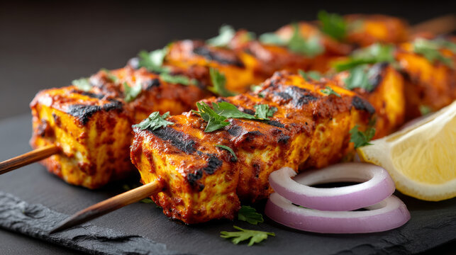 Delicious grilled paneer tikka close-up with skewers and fresh garnish for culinary presentation