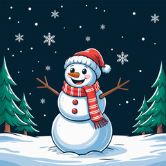 Snowman winter illustration. Christmas background. Smiling snowman wearing a Santa hat and scarf, standing in a snowy forest with snowflakes for Christmas, New Year, holiday cards and seasonal designs