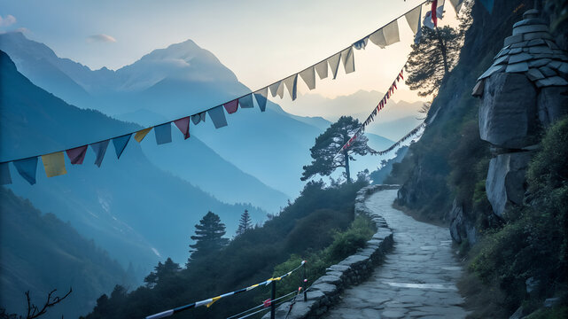 Serene mountain path with prayer flags and dusk landscape view  
