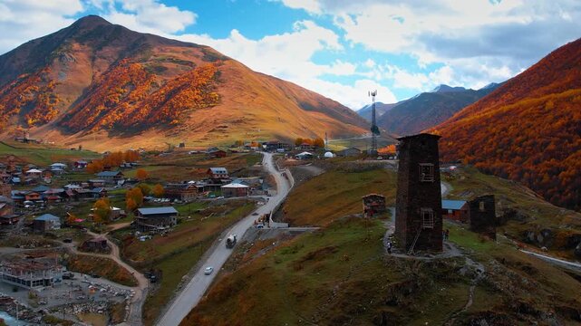 Drone footage over picturesque Ushguli village in Upper Svaneti, Georgia. UNESCO World Heritage site with exceptional medieval tower houses and unique culture.
