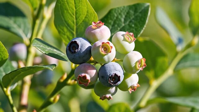 Closeup of ripening blueberries on a bush in a sunny garden.