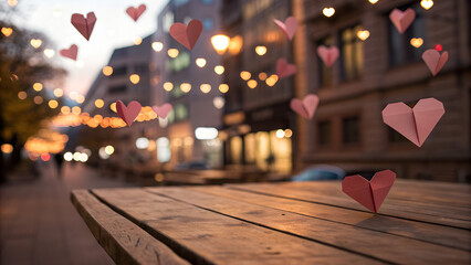 Romantic street scene with pink paper hearts floating in evening light  
