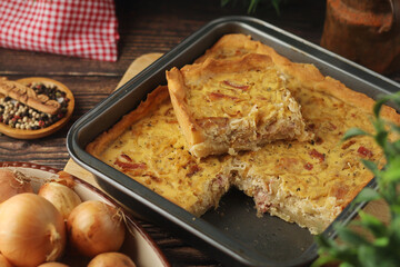 Zwiebelkuchen, a pie with onion and bacon, traditional German dish	
